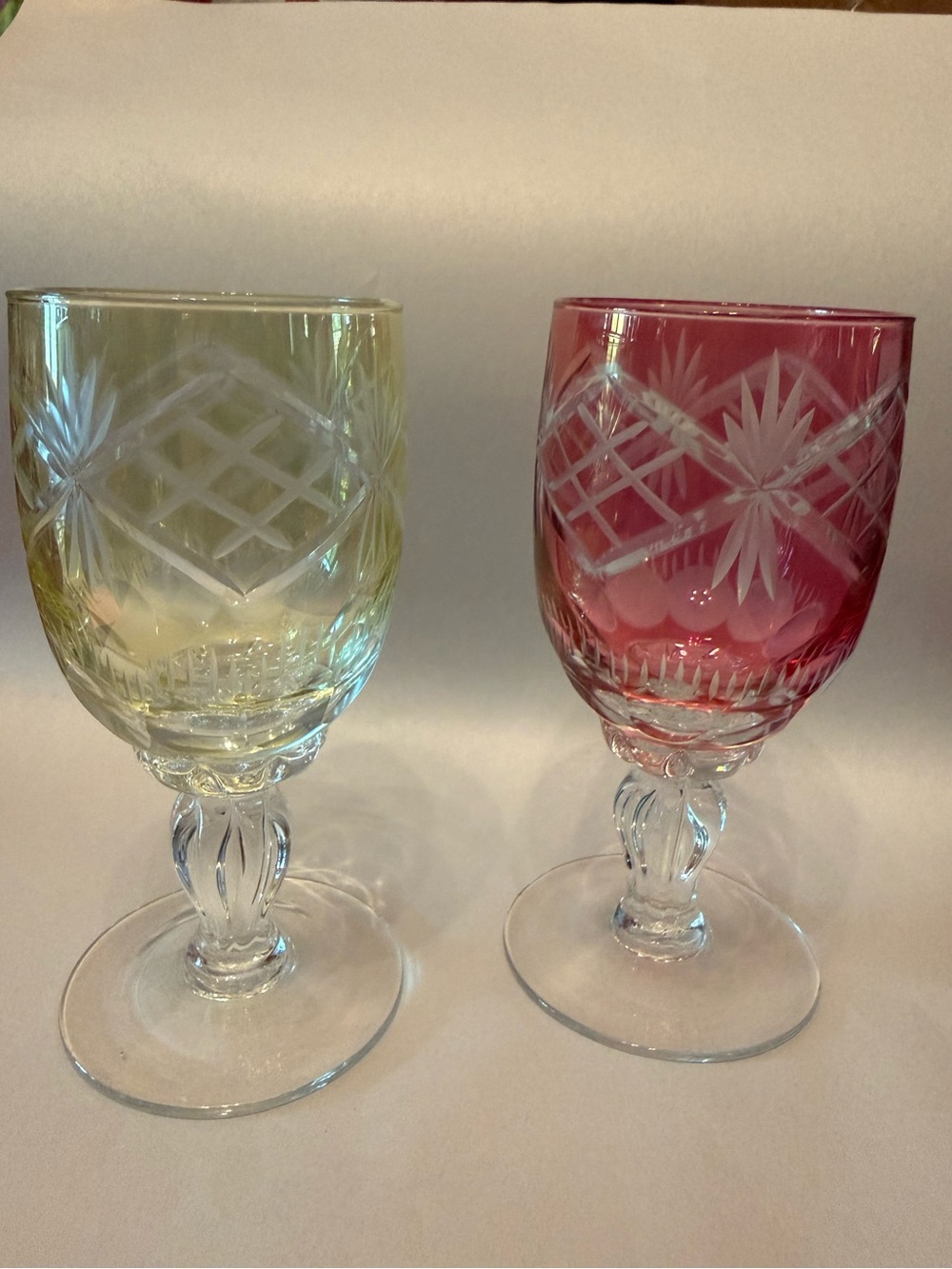 Cut Crystal Wine Goblet - Pink and Light Green set of two (2) - Picture 2 of 7